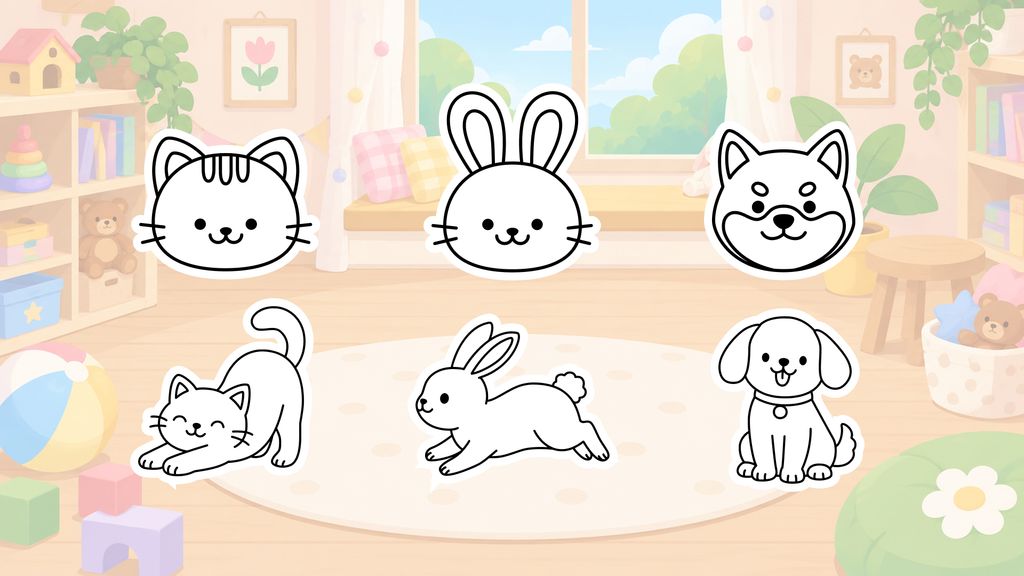 Simple pet drawing ideas for kids, including cats, rabbits, and a dog in a pastel playroom