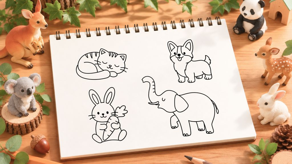 Easy animal drawing ideas for kids shown on a sketchbook, including a cat, dog, rabbit, and elephant