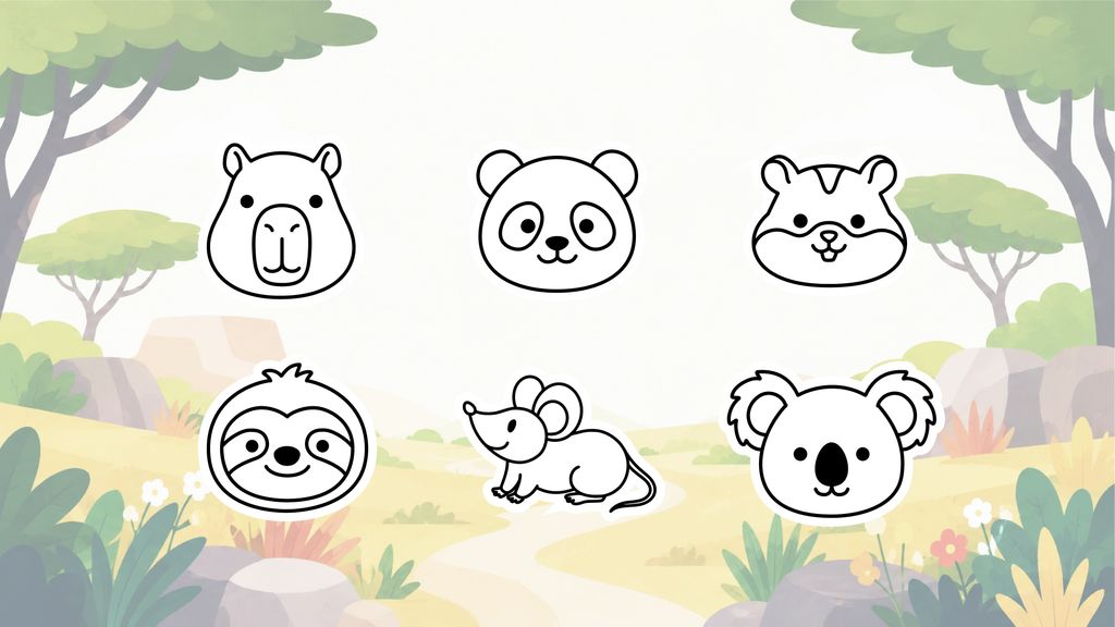 Cute animal drawing ideas for kids, including a capybara, panda, sloth, mouse, koala, and chipmunk