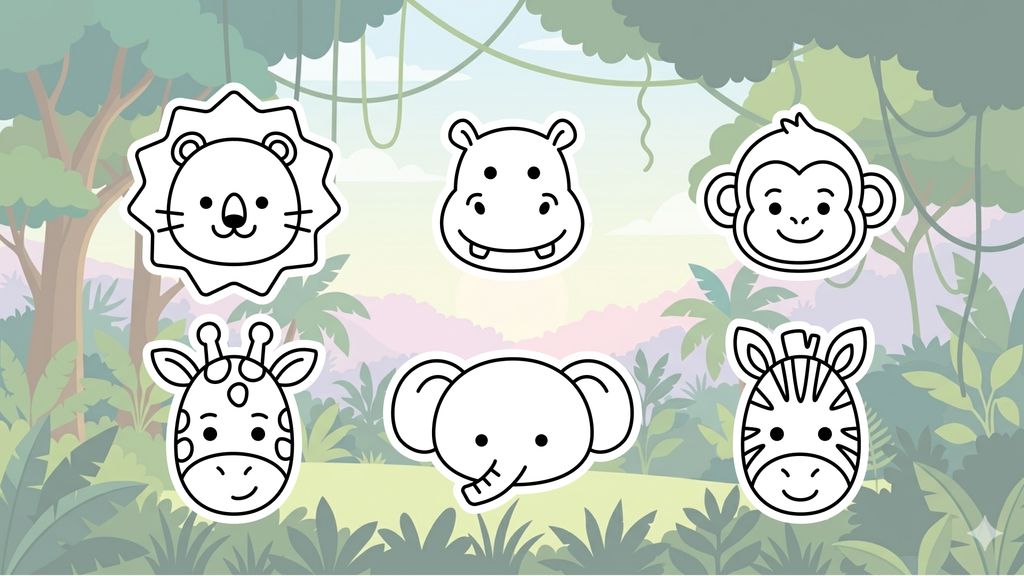Simple wild animal drawing ideas for kids, including an elephant, giraffe, lion, monkey, and zebra