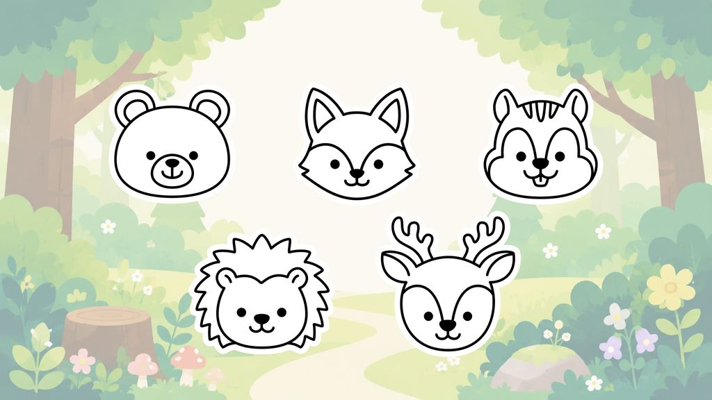 Woodland animal drawing ideas for kids, including a bear, fox, chipmunk, hedgehog, and deer