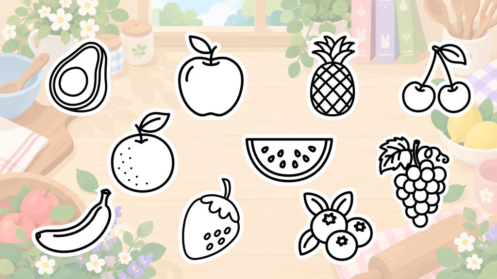 Simple fruit drawing ideas for kids including an apple, banana, avocado, grapes, pineapple, and watermelon