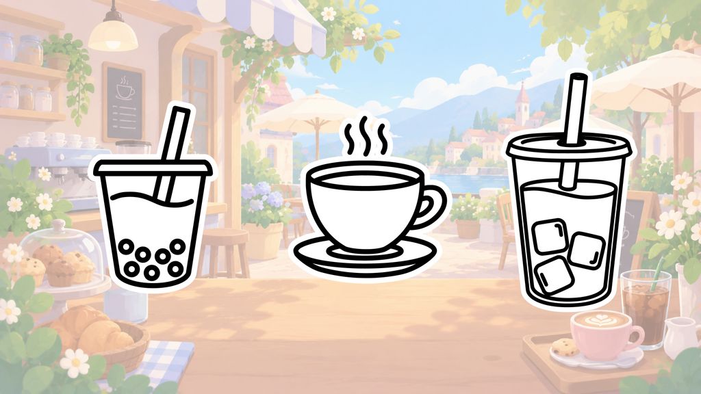 Simple drink drawing ideas for kids including bubble tea, coffee, and juice