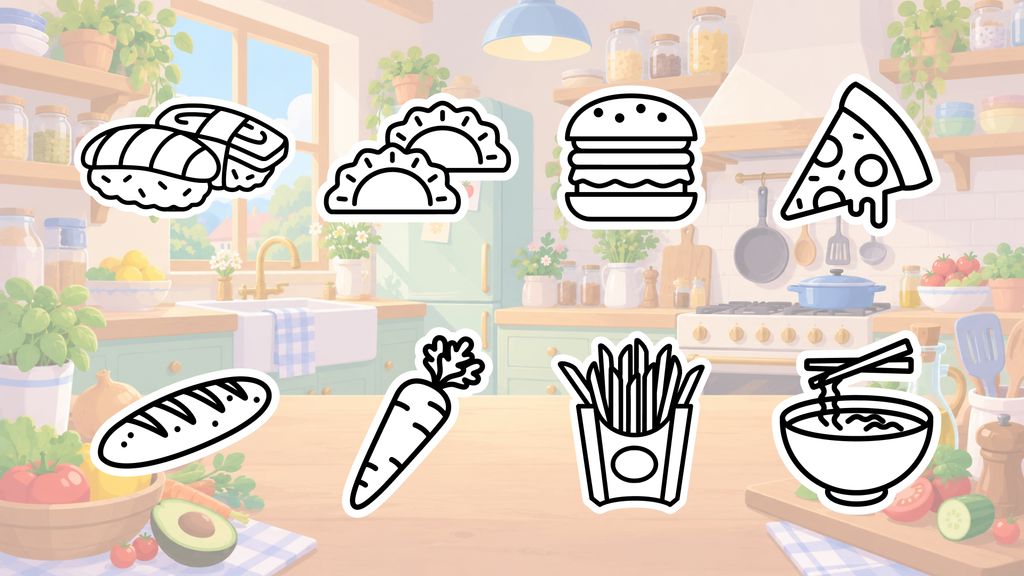 Simple savory food drawing ideas for kids including pizza, fries, a hamburger, ramen, dumplings, and sushi