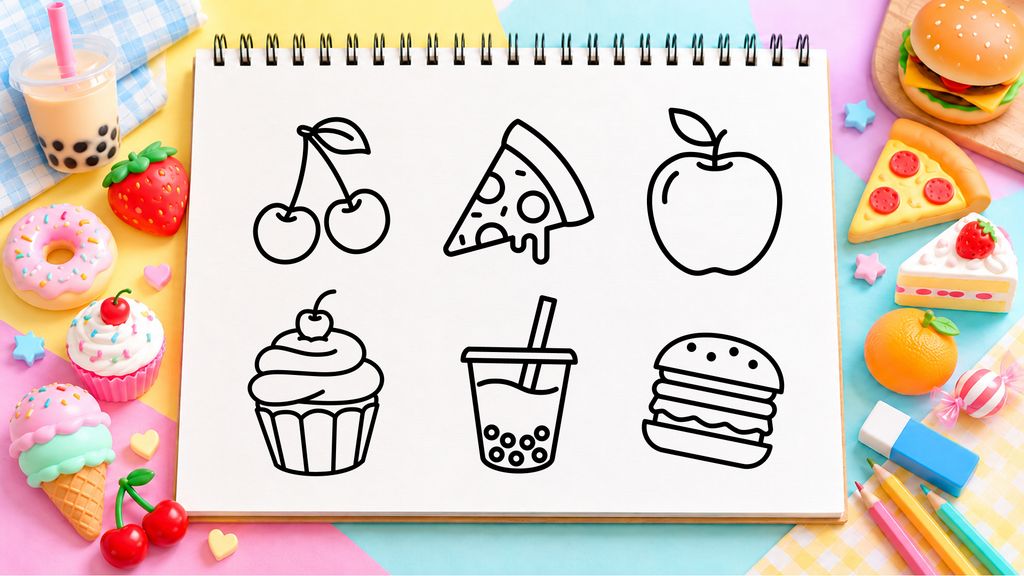 EEasy food drawing ideas for kids including fruit, pizza, bubble tea, cake, and hamburger