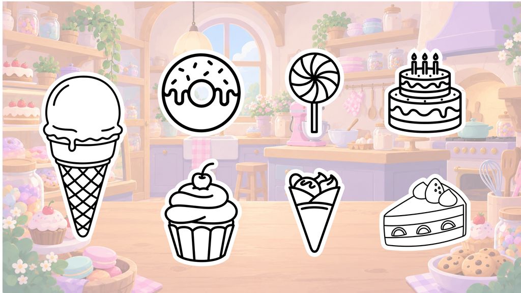 Simple sweet food drawing ideas for kids including cake, candy, a cupcake, donut, crepe, and ice cream
