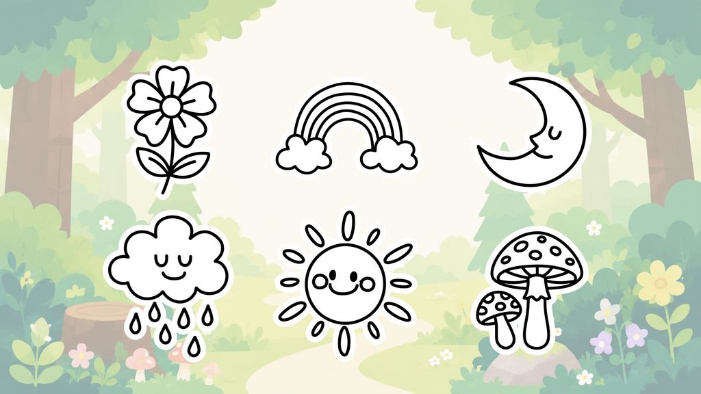 Cute nature drawing ideas for kids including a sun, moon, cloud, flower, mushroom, and rainbow