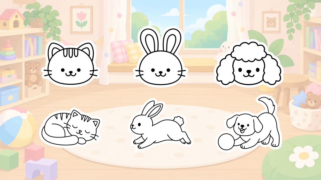 Cute animal drawing ideas for kids including cats, dogs, and rabbits in simple and more detailed poses