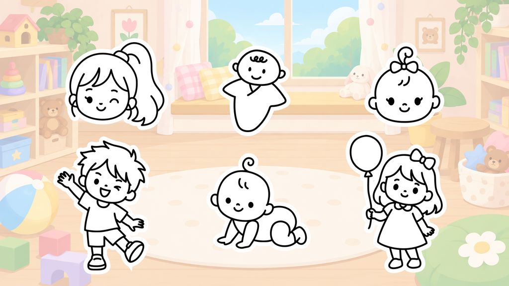 Cute baby and child drawing ideas for kids including baby boys, baby girls, and a young girl