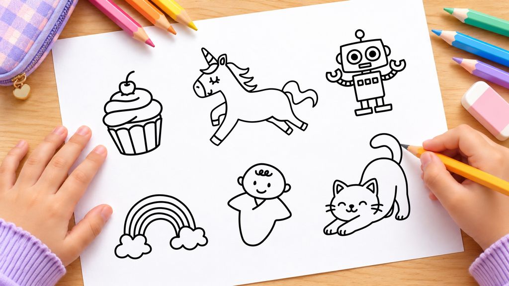 Cute drawing ideas for kids including a cat, cupcake, rainbow, baby, unicorn, and robot