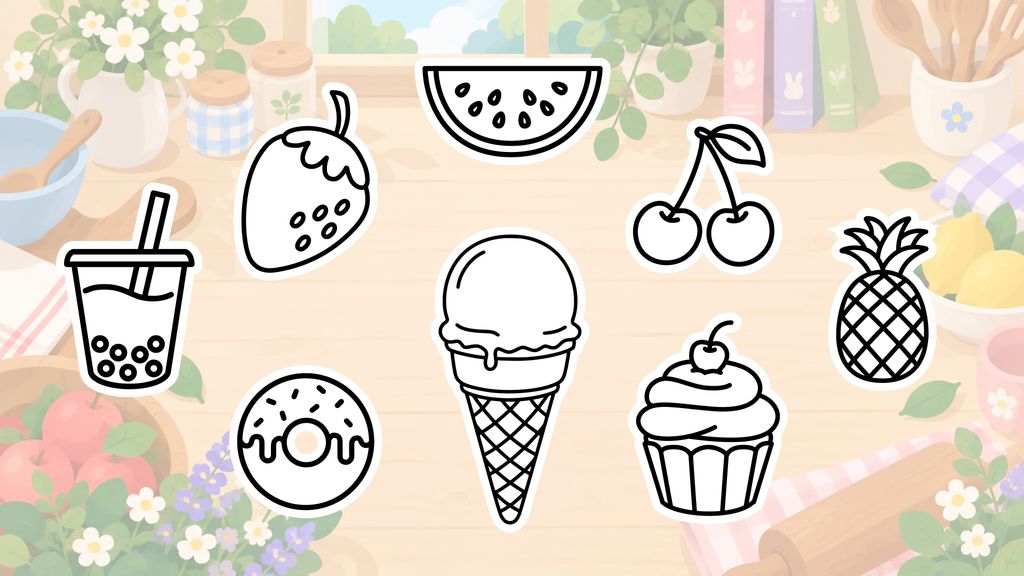 Cute food drawing ideas for kids including a cupcake, donut, ice cream, bubble tea, strawberry, cherries, watermelon, and pineapple