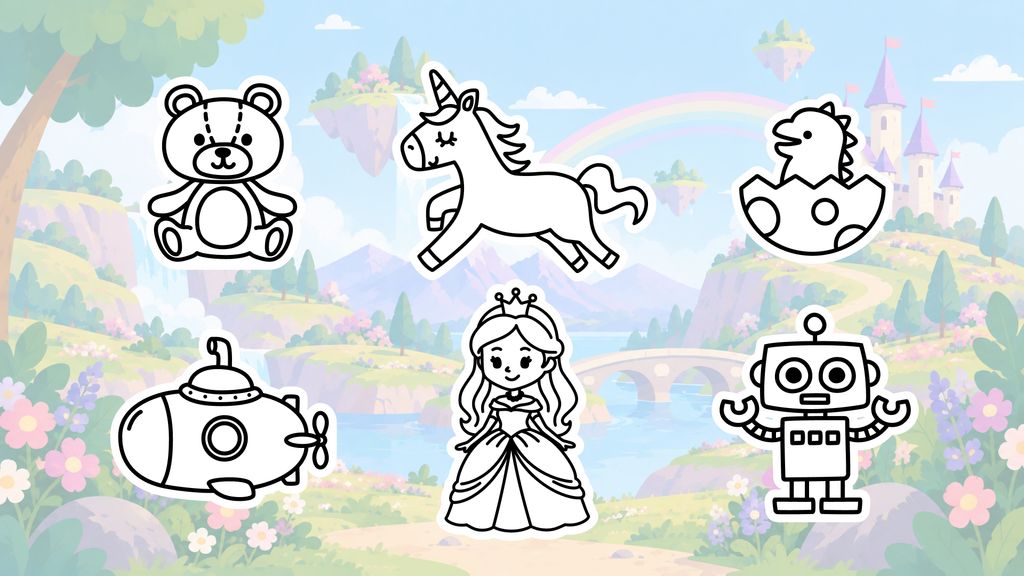 Cute drawing ideas for kids including a teddy bear, unicorn, baby dinosaur, robot, princess, and submarine
