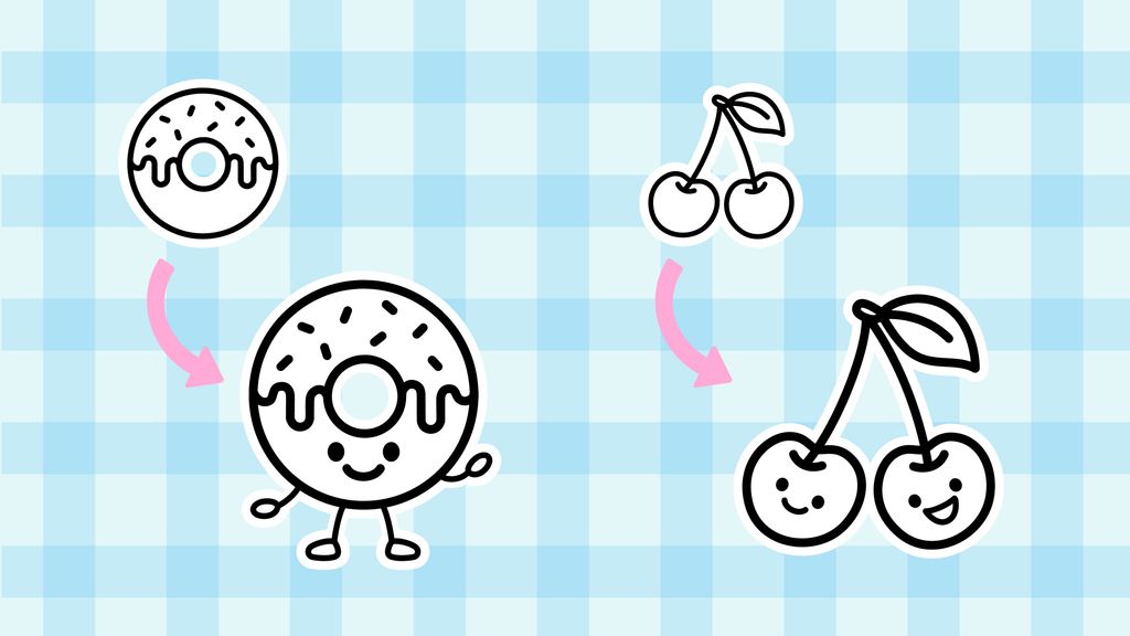 Fruit drawing ideas with small faces added to a donut, cherries, and watermelon