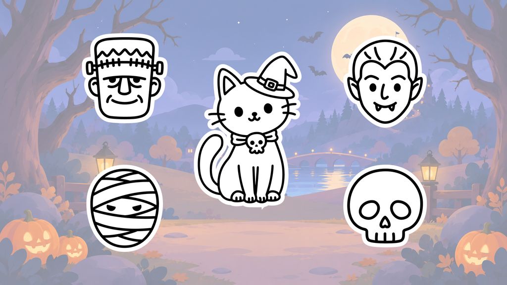 Spooky Halloween drawing ideas for kids, including a Halloween cat, Dracula, Frankenstein, mummy, skeleton