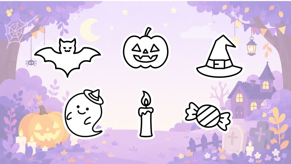 Simple Halloween drawing ideas for kids, including a ghost, bat, pumpkin, candy, candle, and witch hat