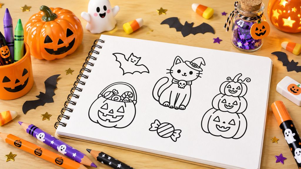 Cute and easy Halloween drawing ideas for kids, including ghosts, pumpkins, bats, witches, and more.