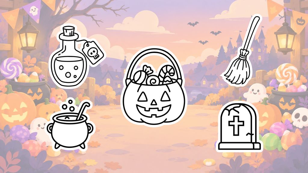 Halloween object drawing ideas for kids, including a broom, candy bucket, grave, poison bottle, pot