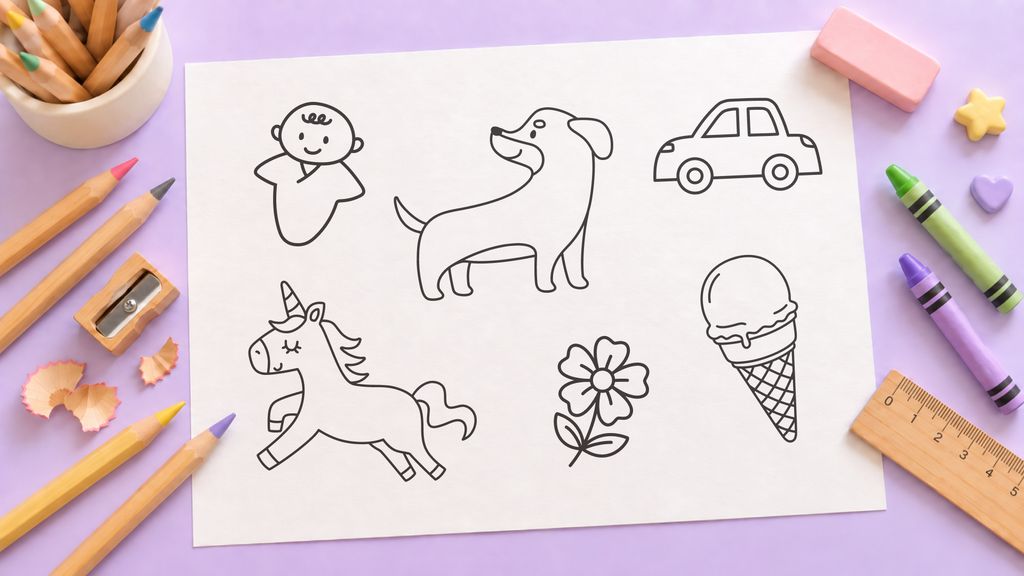 Easy drawing ideas for kids including a girl, dog, car, unicorn, flower, and ice cream