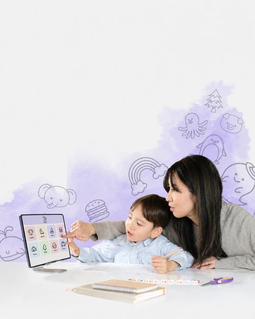 mother with son learning to draw